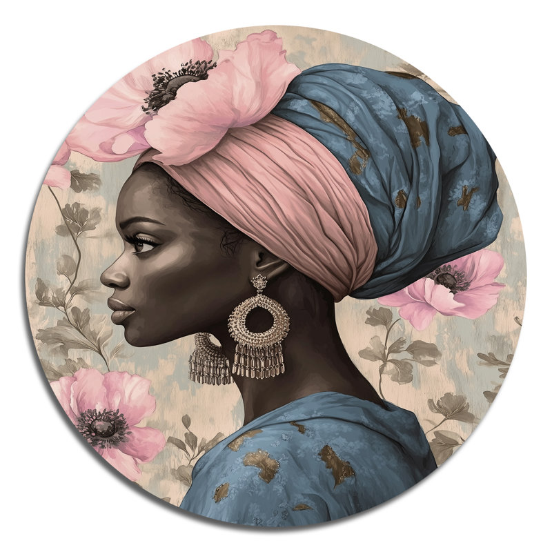 Muse couronnée de fleurs II - Décoration murale ronde pour femme à la mode, impression sur métal, H 23 po x l 23 po
