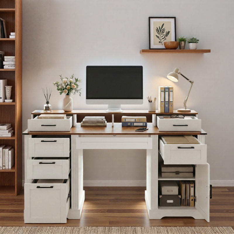 Farmhouse Office Desk With Charging Station, Storage Cabinet, Barn Door Design, File Drawer, Monitor Stand And Keyboard Tray