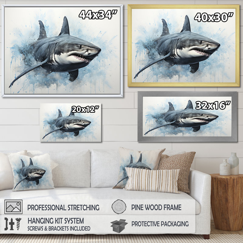 " Minimalism Blue Shark Painting I ", 24" H x 32" W x 1" D, Gold Single Picture Framed
