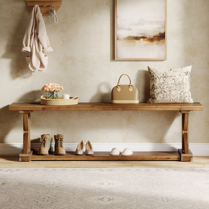 59-Inch Solid Wood 2-Tier Narrow Farmhouse Foyer Entryway Shoe Bench with Open Shelf for Hallway, Mudroom, Bedroom, Natural Brown