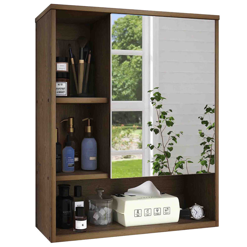 555mm W 613mm H Wall Mounted Required Framed Medicine Cabinet With Mirror And Adjustable Shelf, Walnut
