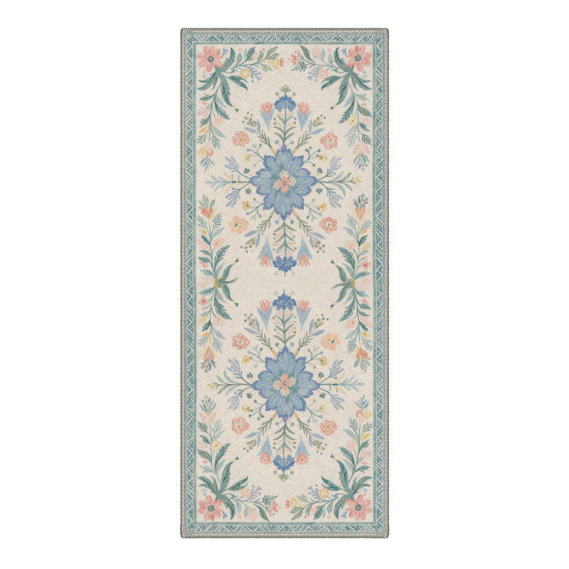 Abadou Vintage Floral Machine Washable Dusty Blue / Beige Indoor Area Rug With Non-Slip Backing, Runner 2'3" x 6'