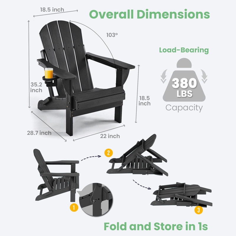 Chaise Adirondack pliante en PEHD pour patio, Noir