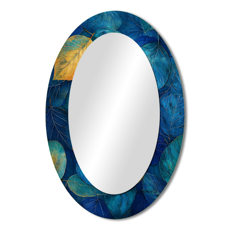 Grand miroir mural ovale sur métal Blue Leaves Forest Calm Scery, 36 po x 24 po