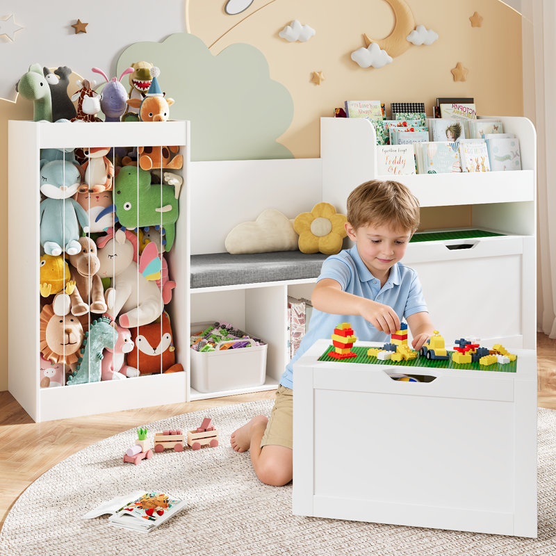 31.5''H Kids Bookcase, Toy Storage Organizer With Stuffed Animal Storage, Bench And Removable Cushions, Wooden Toddler Bookshelf With Movable Building Block Drawers, White