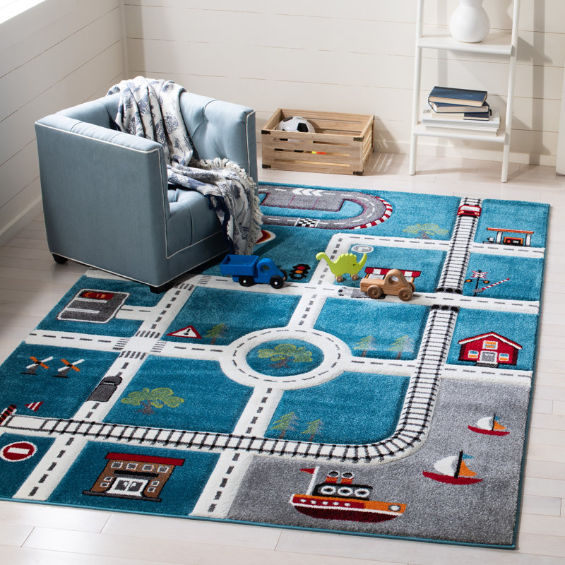 Tapis turquoise / ivoire pour enfants Hildreth, Rectangle 5 pi 3 po x 7 pi 6 po