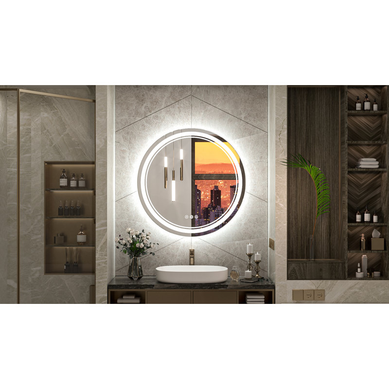 Elayshia Lighted Dimmable LED Frontlit&Backlit Frameless Anti-Fog Makeup Bathroom Round Vanity Mirror, 24" x 24" 