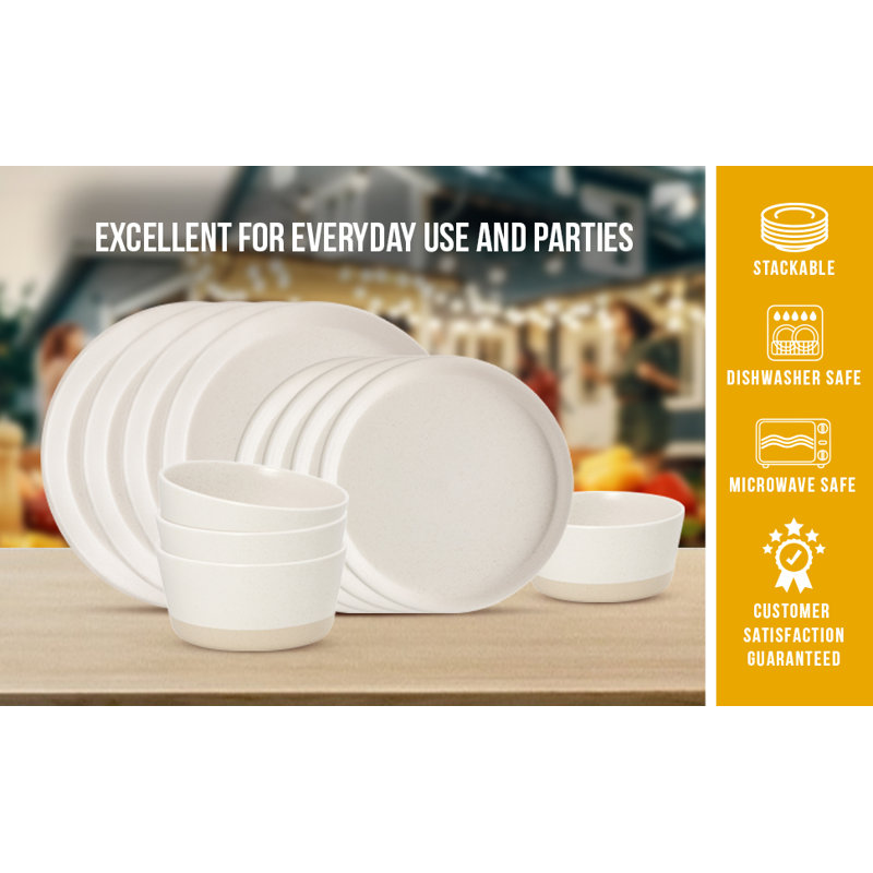 Service de table 12 pièces pour 4 personnes, ensemble de vaisselle en grès crème deux tons, assiettes et bols modernes mouchetés, vaisselle rustique