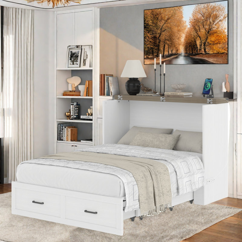 Multi-functional Foldable Murphy Bed  With Charging Station And 1 Large Storage Drawer, White, Full