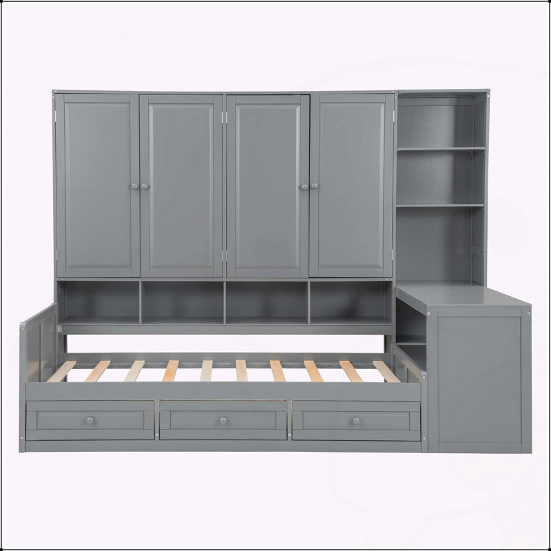 Versatile Wooden Daybed with Integrated Storage and Workspace for All Ages, Twin, Grey