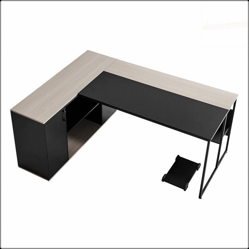 Bureau de direction en L avec tiroirs, armoire de rangement et support pour unité centrale, table en bois robuste pour le travail et les études