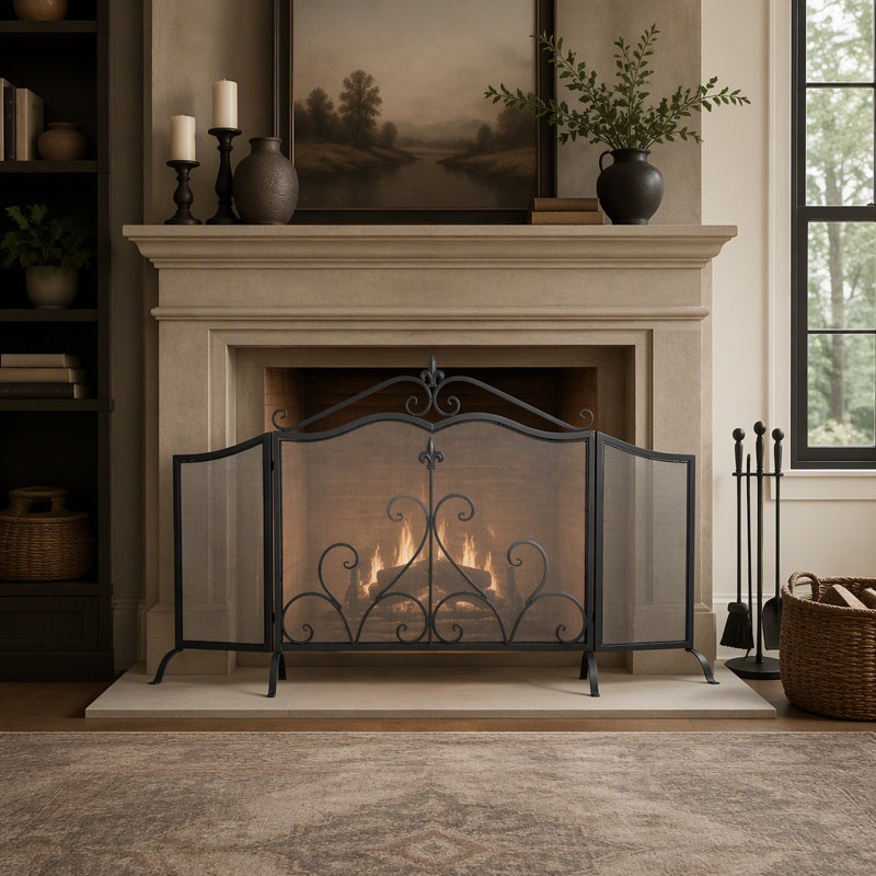 Onyx 3-Panel Iron Fireplace Screen 54" x 31.5", Black Finish