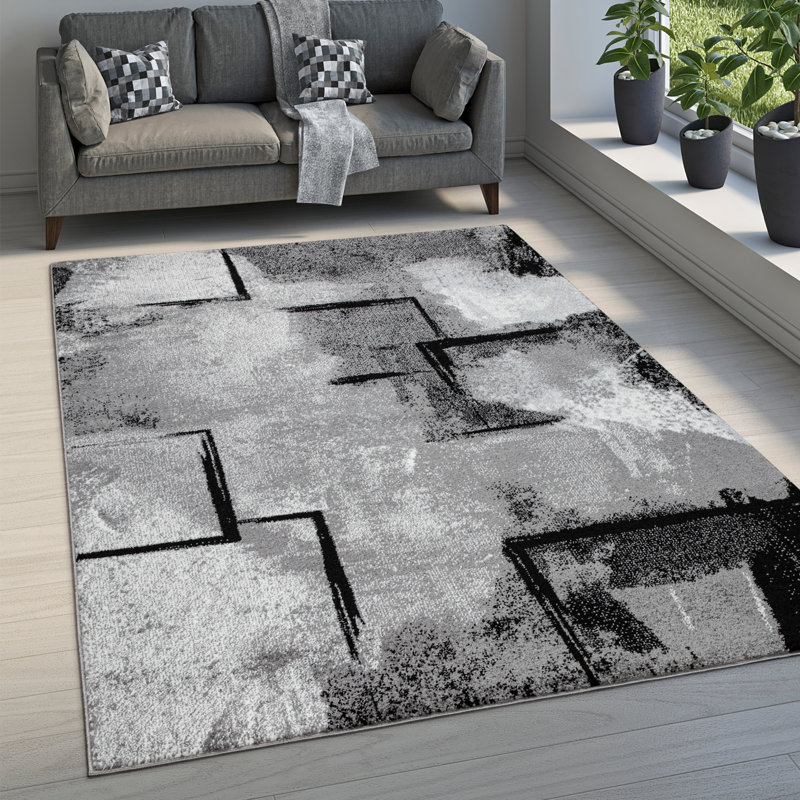 Tapis abstrait gris en polypropylène tissé à la machine, Rectangle 5 pi 3 po x 7 pi 7 po