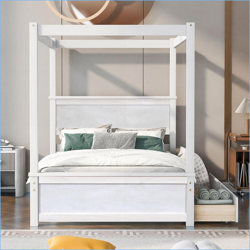 Lit plateforme double à baldaquin en bois pleine grandeur avec 2 tiroirs - Blanc brossé, sans sommier, bois de pin / panneau de fibres à densité moyenne pour la chambre à coucher