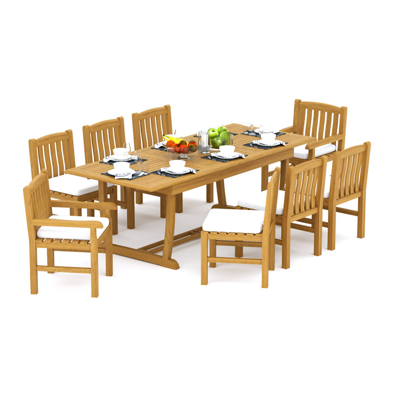 11 Pcs Grade-A Teak Wood Dining Set: 94" Double Extension Mas Rectangle Trestle Leg  Table And 10 Devon Chairs (2 Arm & 8 Armless Chairs) #11DV2102