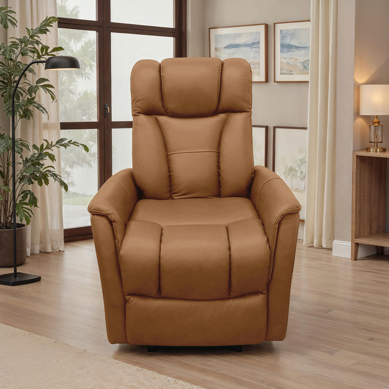 Beige Synthetic Leather Power Motion Recliner With Lift, Comfortable And Stylish For Modern Living Spaces, Camel Faux Leather