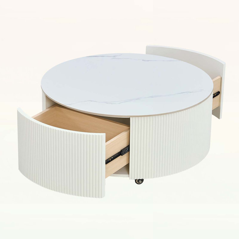 Table basse élégante à conception ronde avec roulettes, parfaite pour les petits espaces