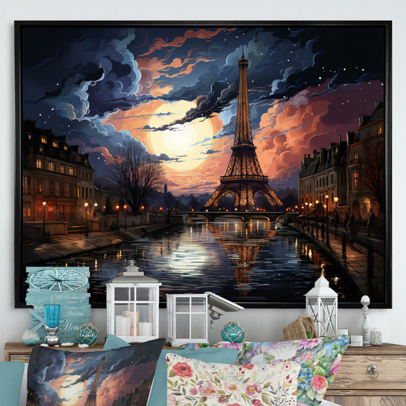 «Futuristic Paris Eiffel Tower Scenery IV», reproduction sur toile, Cadre flottant noir, H 30 po x l 40 po x P 1,5 po