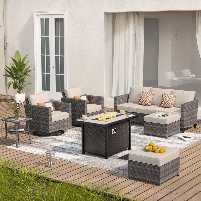 Outdoor Wicker 7 Person Seating Group With Swivel Rocking Armchairs And Fire Pit Table, Beige