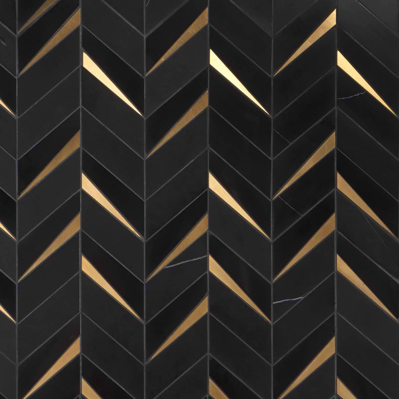 Vara Polished Nero Marble & Brass Mosaic Tile, Nero