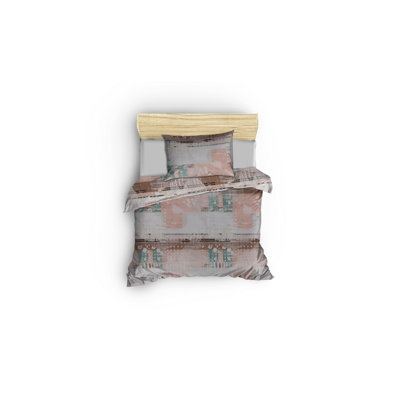 Ensemble de housse de couette XXL, crème et brun avec accents verts et saumon, housse de couette 61 x 87 et taie d'oreiller 31,5 x 31,5 | 50% coton, 50% polyester, 127 fils | Fermeture à boutons et enveloppes, lavable à la machine à 30 ° C