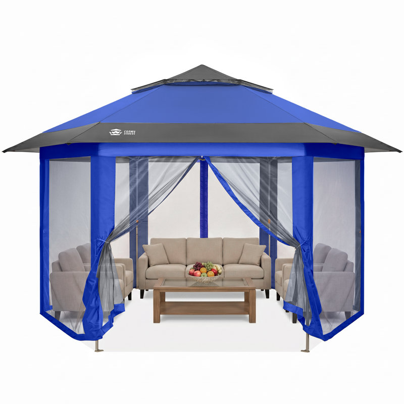 12 pi. L 12 pi. D Pavillon de jardin d'extérieur en métal avec moustiquaires, 12 x 12, Bleu et gris
