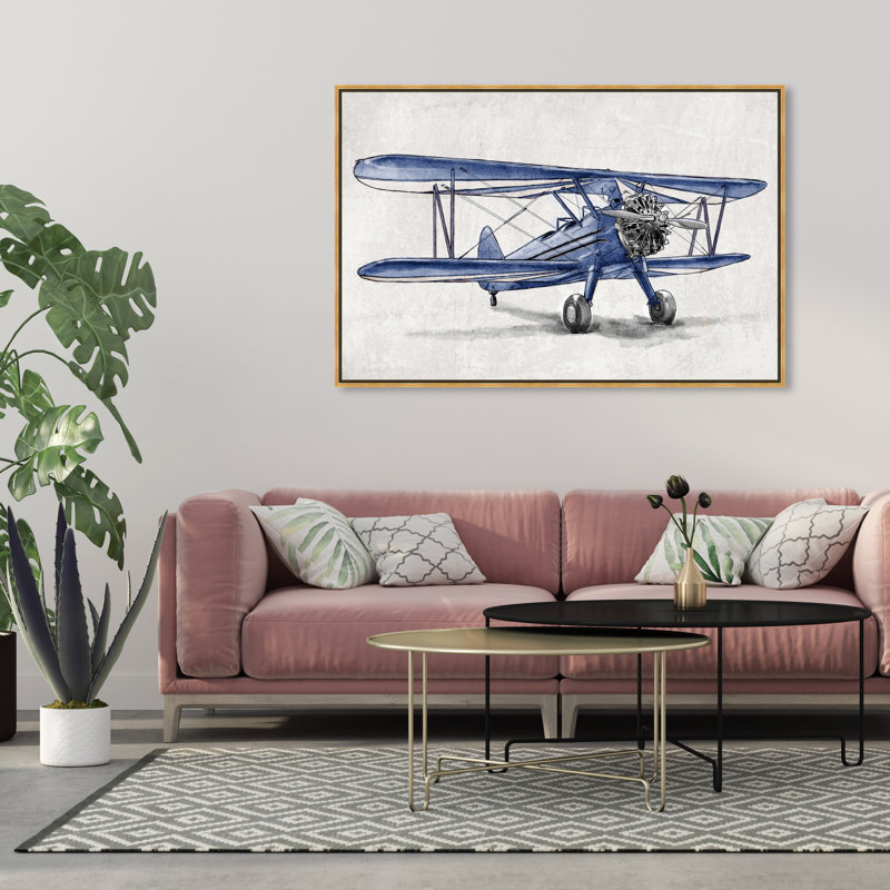 «Bertineke Transport Blue Vintage Aviator Airplanes», reproduction d'art sur toile, H 36 po x l 54 po, Toile encadrée, Doré
