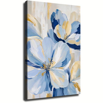 Print Canvas Wall Art Texture Abstract Blue Gold Floral Painting Large Flower Gold Foil Neutral Background Modern Minimalist Living Room Wall Decor