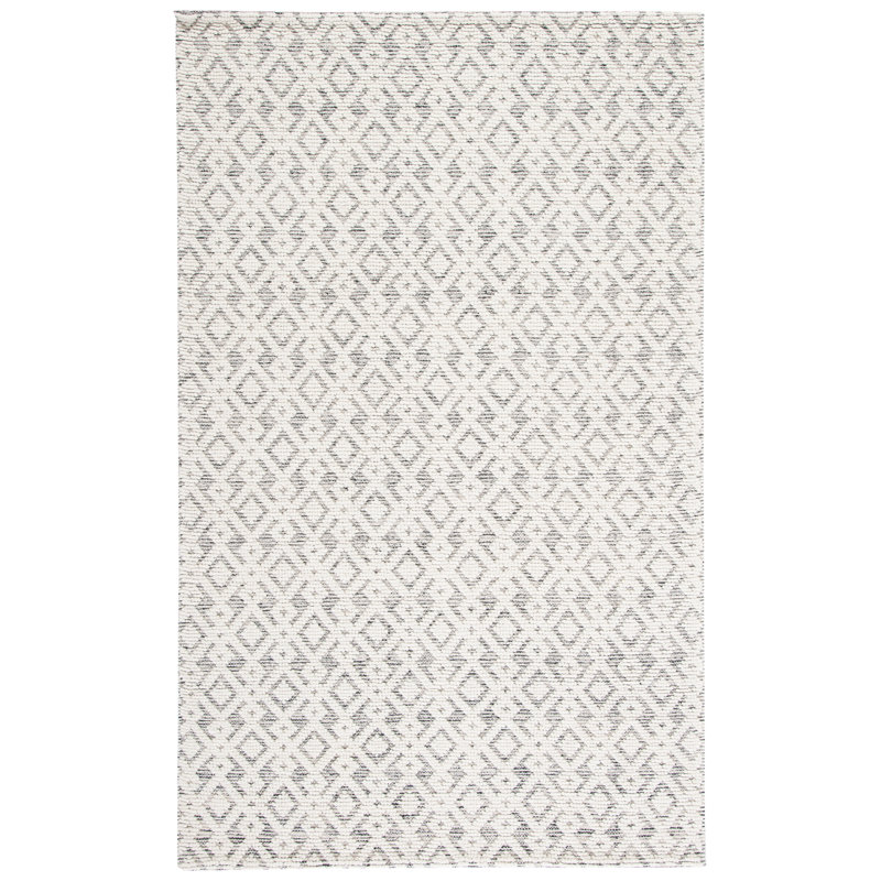 Vermont Hand Woven Wool/Cotton Geometric Rug in Ivory/Gray, Rectangle 3' x 5'
