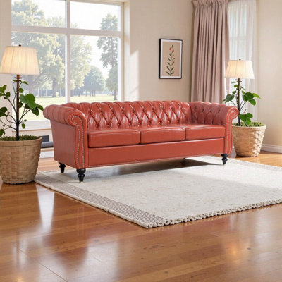 Elegant 84.65" Rolled Arm Chesterfield 3-Seater Sofa - Rich Orange PU Leather, Timeless Comfort for Your Living Space