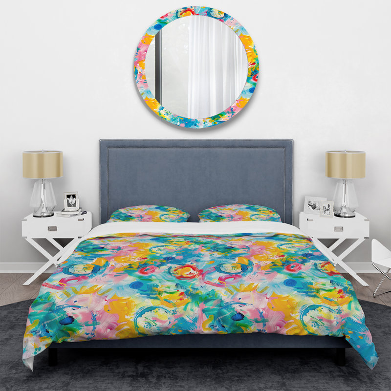 Ensemble de housse de couette à motif abstrait rose et bleu, Housse de couette très grand + 2 taies décorativ