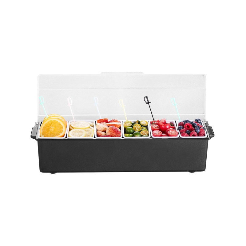 Présentoir à condiments réfrigéré à 6 compartiments, plateau de bar à garnitures refroidi par glace avec couvercle et inserts amovibles, sans BPA, 50,5 x 16,5 cm