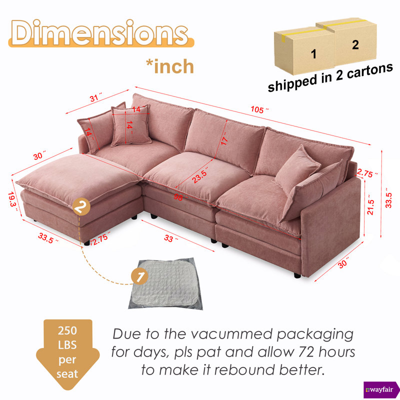 Jack Boneless 105" Modular Chenille Sectional Couch 3 Seater with Ottoman, Pink Chenille