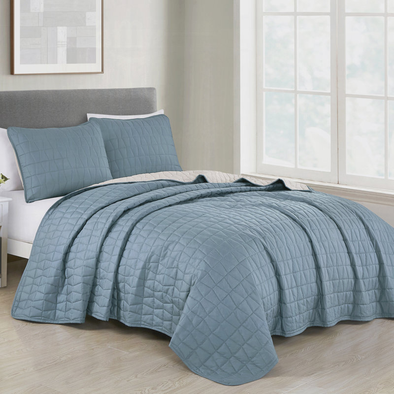 Ensemble de couvre-lit 3 pièces pour grand lit réversible en microfibre matelassée bleu-gris