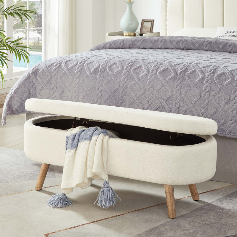 Luxury Oval Boucle Storage Ottoman Bench With Wood Legs, 350Lb Capacity & Safety Hinge For Living Room, Bedroom, Entryway