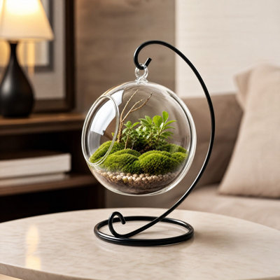 Ornement en acrylique, support métallique suspendu, terrarium rond transparent, récipient pour table, bureau, micro-paysages, présentoir botanique, fournitures de décoration