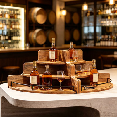 Liquor Bottle Display Corner Shelf, Coffee Syrup Rack Organizer, Countertop Wine Rack, Three-Tier Retro Bar Shelf Stand for Whiskey and Spirits, Home Bar Cabinet Storage