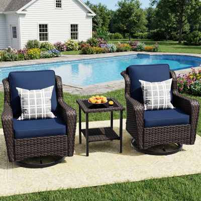 Ensemble de patio d'extérieur en osier 3 pièces avec chaises pivotantes et table d'appoint