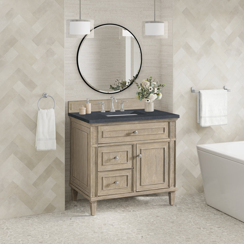 Lorelai 36'' Single Bathroom Vanity with Top, Charcoal Soapstone, Whitewashed Oak, 8" Widespread