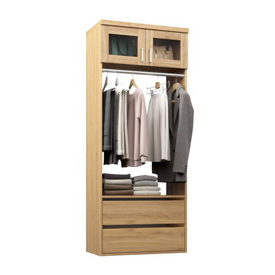 Natural Oak 25.5" Wall-Mounted Closet Section with Glass Doors, 1 Clothing Rod, 1 Shelf & 2 Reveal Drawers