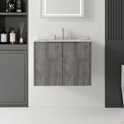 Meuble-lavabo flottant 24 po avec lavabo, porte à fermeture en douceur, comptoir en granite blanc 0,6 po et dosseret, contreplaqué, gris