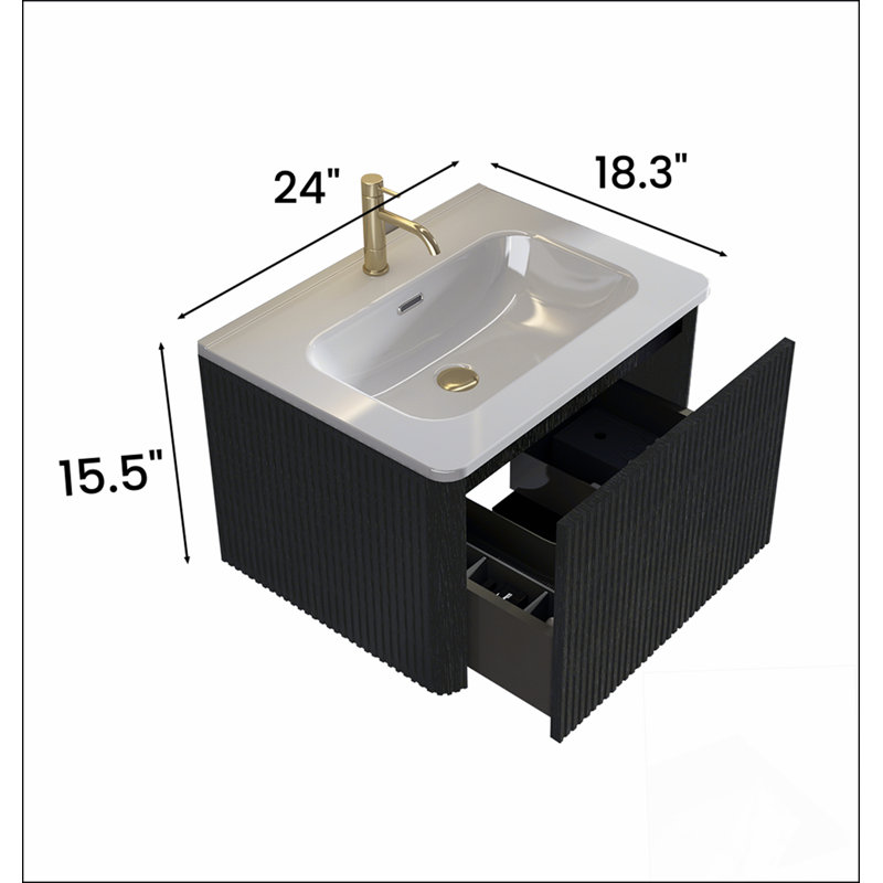 Meuble-lavabo flottant rayé en chêne noir brossé de 24 po avec lavabo en céramique blanche, meuble-lavabo une pièce sans drain, pré-assemblé