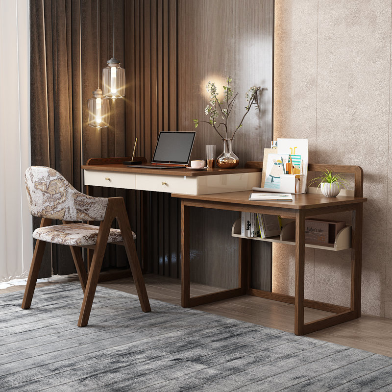 High-quality home office desk, extendable to 70'', retractable L-shaped desk, white waxed wood base