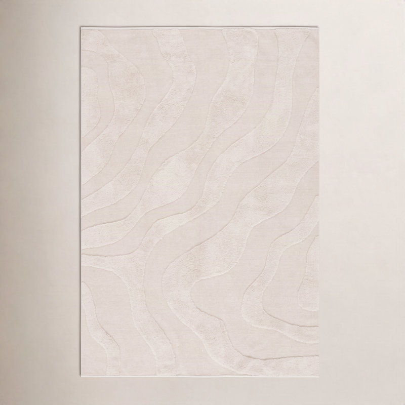 Tapis en coton ivoire fait à la main à motif abstrait mozie, Rectangulaire 3 pi x 5 pi