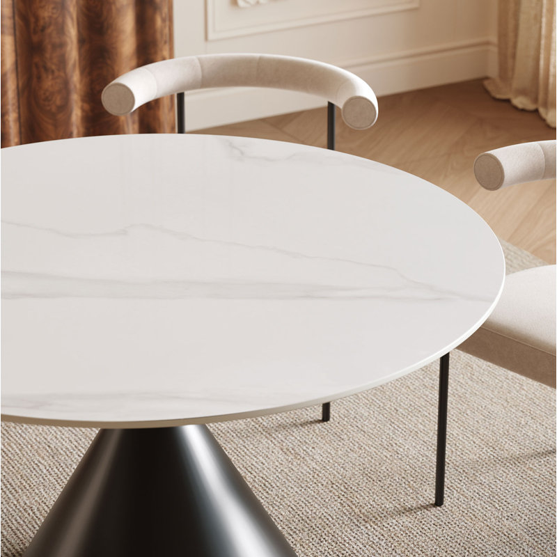 Table de salle à manger ronde en pierre frittée de 115 cm (45,2 po) pour 4 à 6 personnes, White Marble, Black