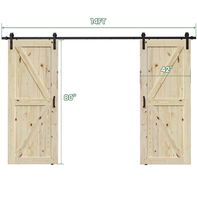 Portes de grange doubles à panneaux en bois massif non finis avec quincaillerie d'installation, 84 po x 80 po