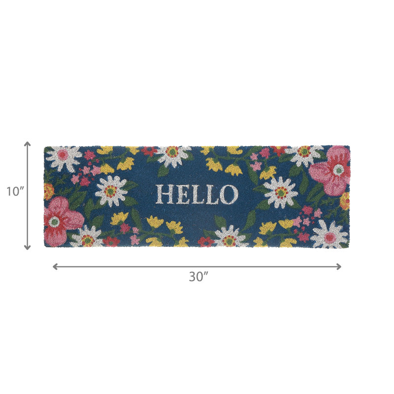 Tapis de porte en fibre de coco floral Hello 10 po x 30 po