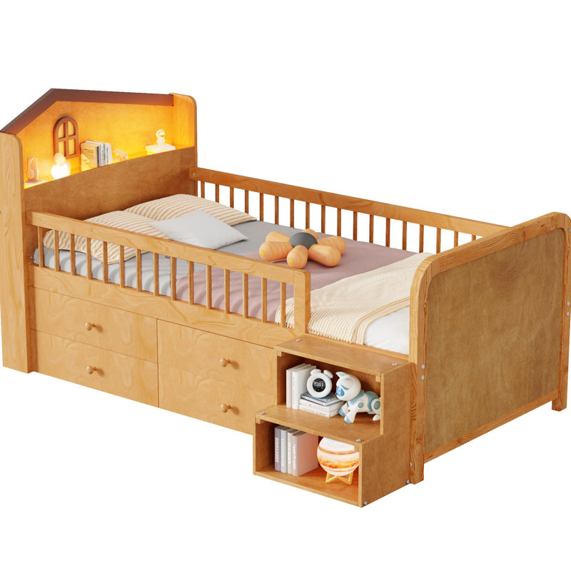 Lit mezzanine simple avec lumières à DEL et rangement spacieux pour un espace naturel et efficace, Naturel