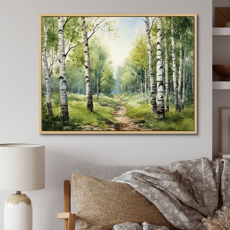 «Birch Woods Silent Woods I», reproduction sur toile encadrée, Cadre flottant érable, H 16 po x l 32 po x P 1 po