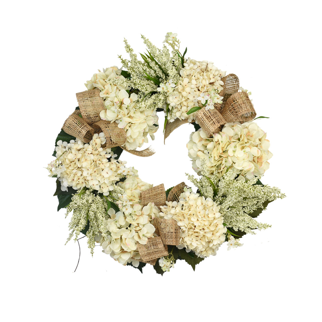 Hydrangea and Heather Wreath with Burlap Bows Primrue